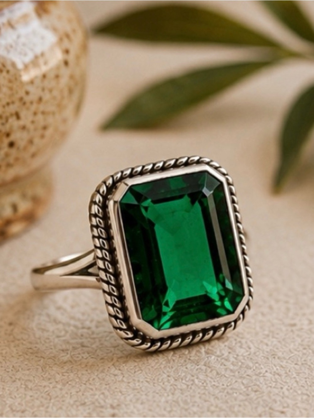 Emerald Green Rectangular Statement Ring Size 8